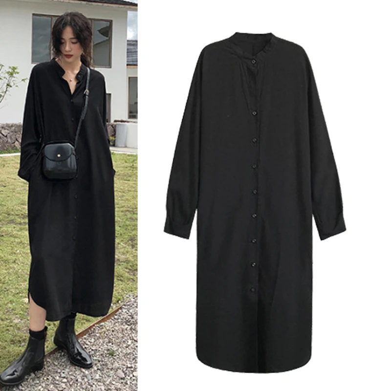 Черные платья сдвиги для женщин 2019 сезон осень со стоячим воротником тонкие