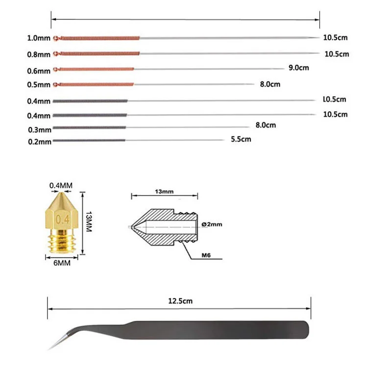 

3D Printer Extruder Nozzles for MK8 0.2/0.3/0.4/0.5/0.6/ 0.8/1.0mm with Tweezer Cloth Cleaning Needle for Makerbot CR-10