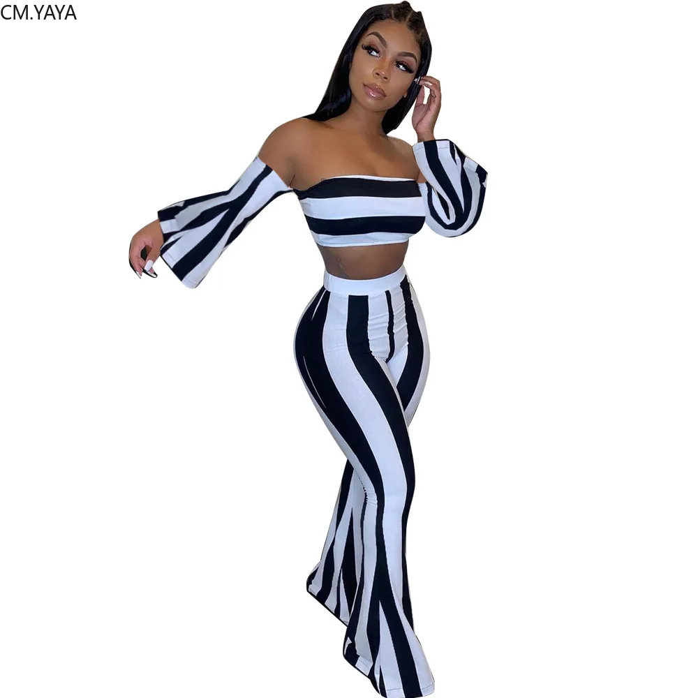 Женский осенний костюм с принтом в полоску укороченный топ открытыми плечами и