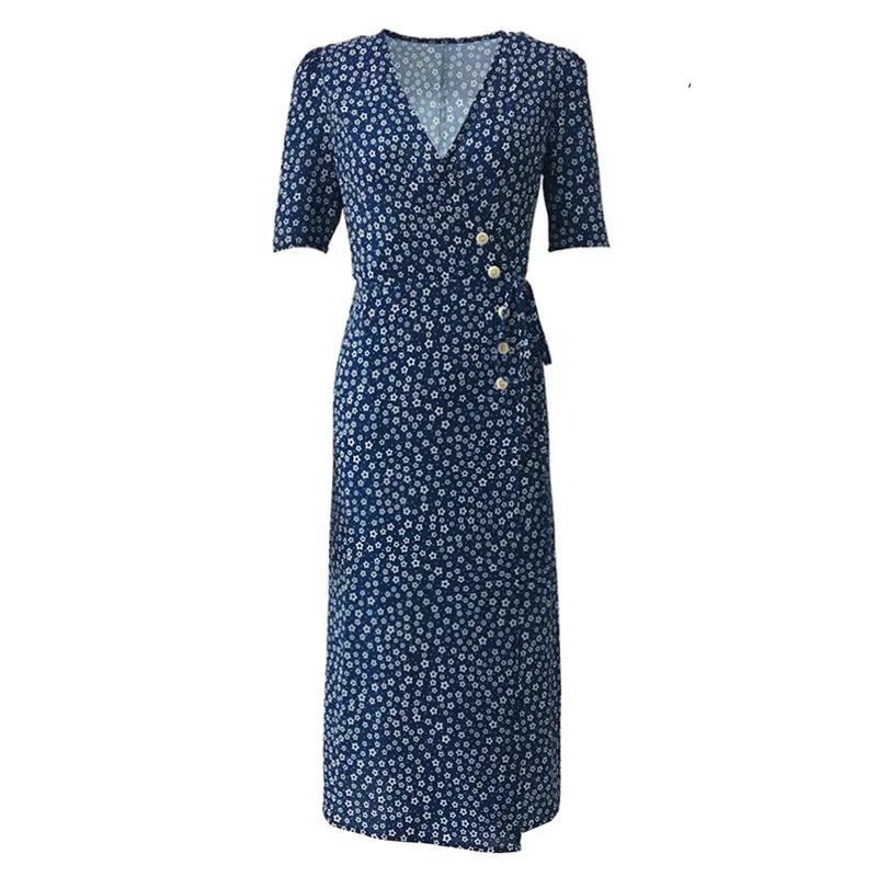 

2020 Spring And Summer New Style French Petal Floral Wrap Dress Vintage V-neck Lace-up Slim Fit Mid-length Dress Women's