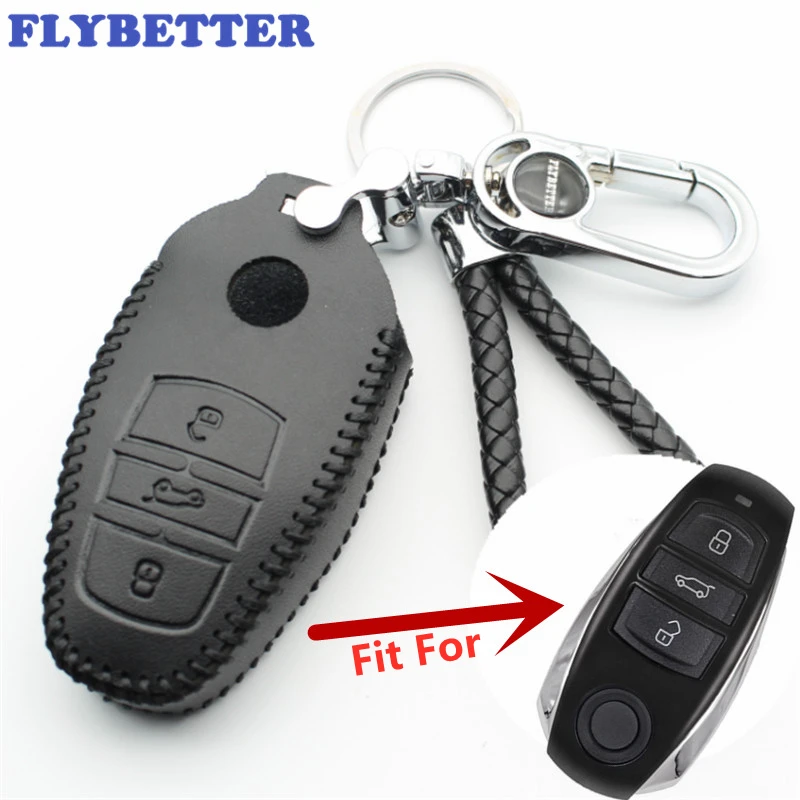 

FLYBETTER Genuine Leather 3Button Keyless Entry Smart Key Case Cover For Vw Touareg