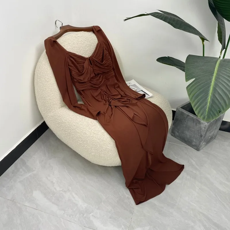 

Top Quality Autumn Ladies Long Puff Sleeve Ladies Elegant Bodycon Brown Tight Dresses New Arrival