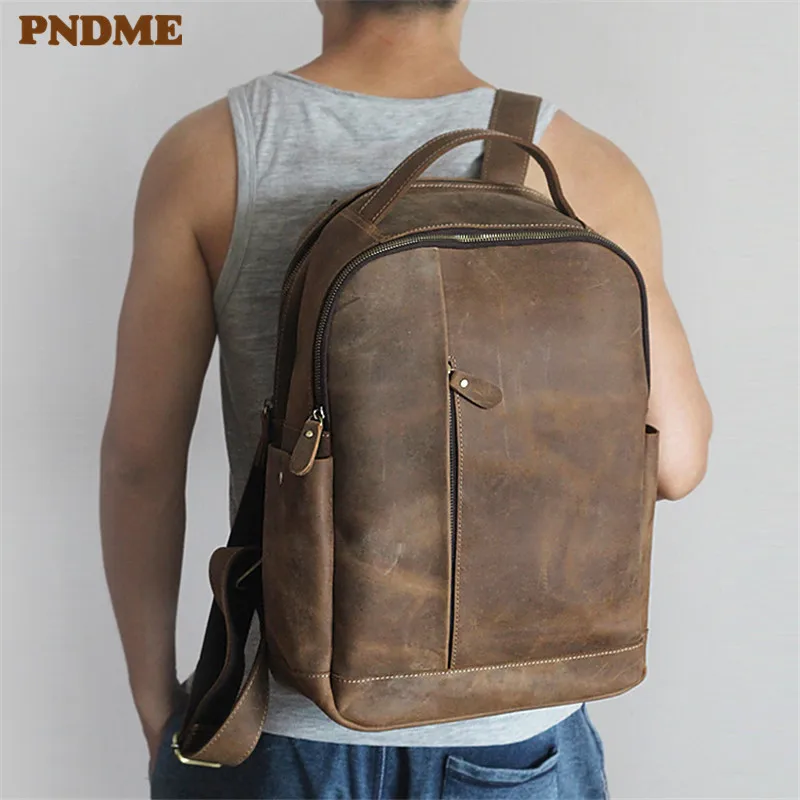 

PNDME мужской уличный вместительный рюкзак из воловьей кожи crazy horse в стиле ретро для путешествий высококачественный рюкзак для ноутбука из на...