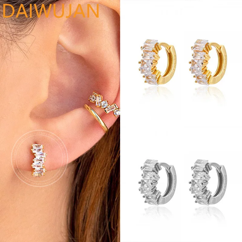 

DAIWUJAN Elegant Irregular Cuboidal Zircon Hoop Earrings for Women 925 Sterling Silver Crystals Cartilage Earrings Jewelry Gift