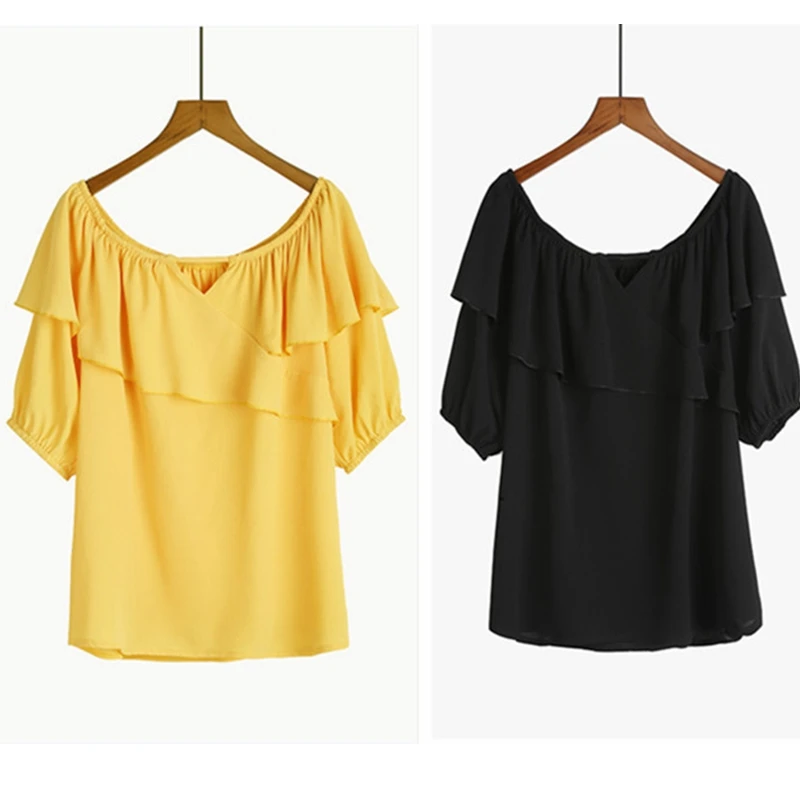

Loose T-shirt womens elasticated ruffled short-sleeved shirt one-shoulder shirt XL-5XL size off-shoulder T-shirt lantern sleeves