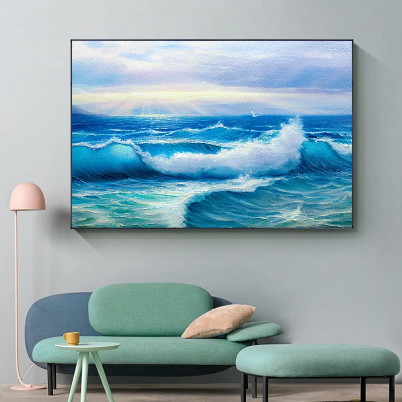 Пляжная волна холст красивый пляж морской пейзаж синее море фотография масло |