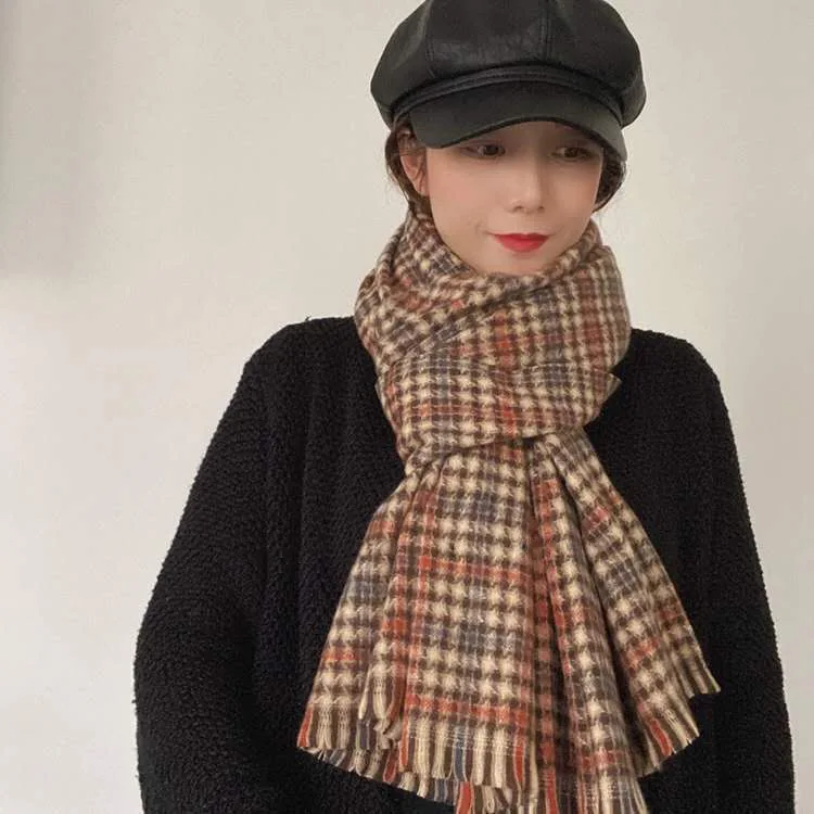 

2021 Women's Autumn and Winter Thick Korean Version of Imitation Cashmere Wild Plaid Scarf with Long Retro Big Shawl Student Bib