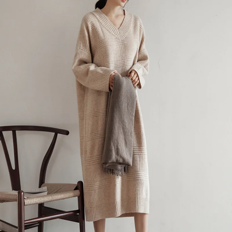 Корейский свитер с v образной горловиной платье для женщин осень зима плотные