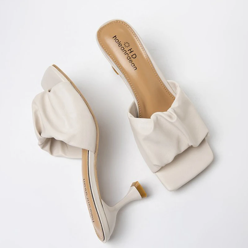 

2022 Women Slippers Pleated Summer Light Sexy Open Toe Solid Color Sandals Stiletto Heels Women Luxury Prom Woman Black Shoes