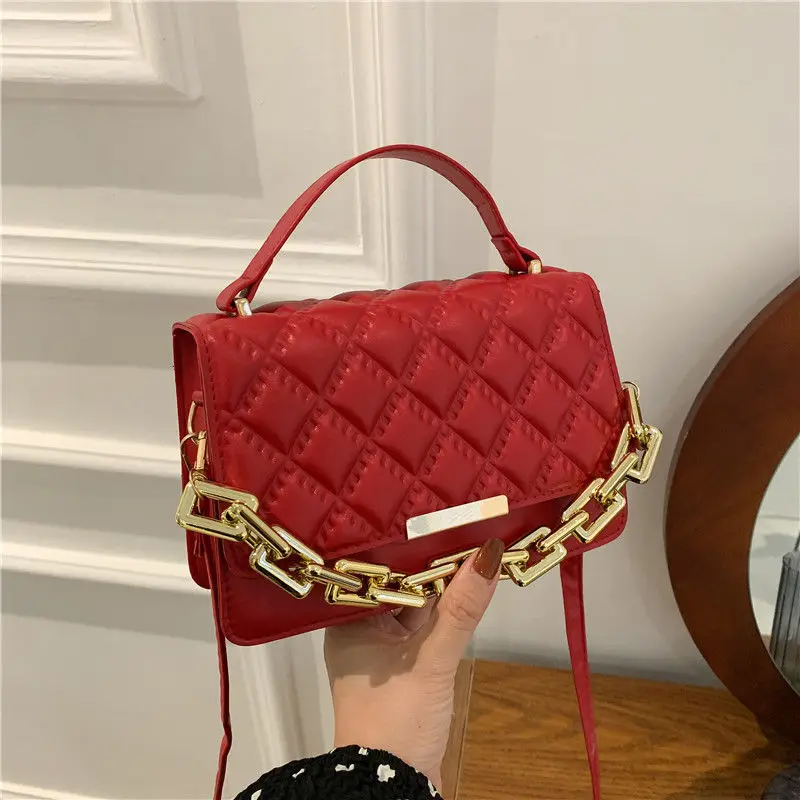 

Diamond Winter Bag With Short Handles For Women Red Brown Quilted Chain Shoulder Bag Leather Women'S Shoulder Strap Handbag 2021
