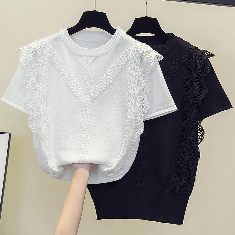 

Summer Short Sleeve Thin Knitted Pullover Tops Women 2021 lace Casual Korean Oversized sweater Femme Jumper Female Tee Shirt