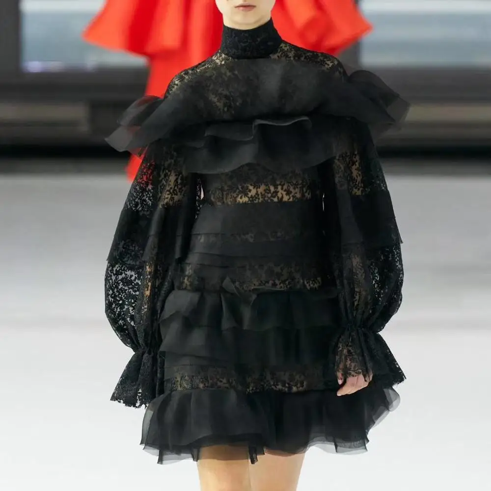 

Big-name summer ladies net yarn lace perspective sexy pleated dress 2020New women's wear long sleeve ruffled fashion party dress