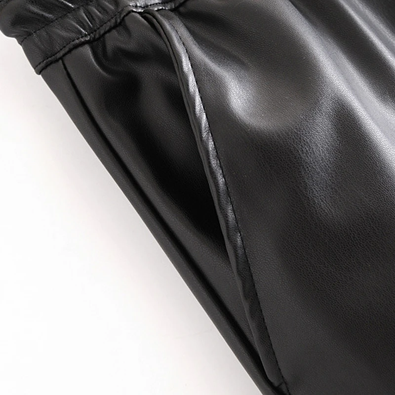 

2021 Spring/Autumn Pu Leather Pockets Pants Pantalones Mujer Womens New Fashion Elastic Waist Lace Up Tie Ankle Trousers