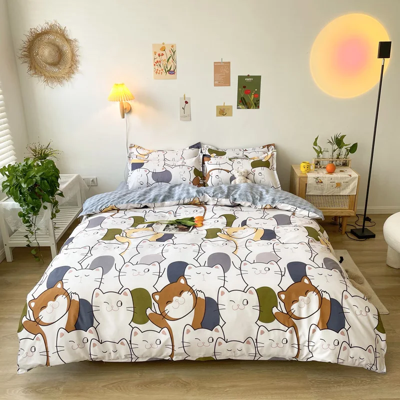 

Magic Cat Printing Bed Set Fruit Duvet Cover Sets Full Bed Sheets Comforter Bedding Sets King Queen Size Kawaii Bedding Set
