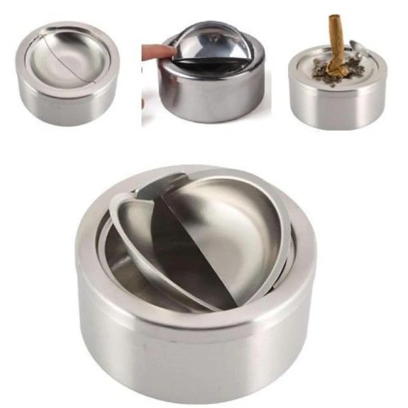 

Round Stainless Steel Cigarette Lidded Ashtray Silver High Quality Windproof Lid Cover Ash Storage Case for Home Office 12x5cm