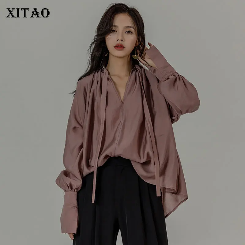 

XITAO Solid Lantern Sleeve Bow Blouses Women 2021 Autumn New Arrival Personality Fashion Loose V-neck Women Blouse GWJ0377