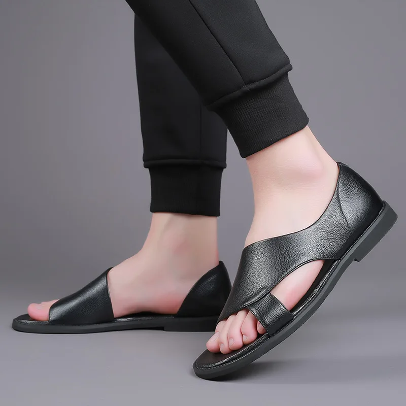 

Genuine Leather Sandals Men Summer Flats Shoes Black 2021 Design Leather Summer Sandals for Men Comfortable Beach Shoes