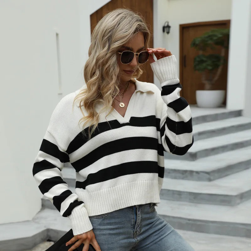 

Autumn/winter new style long-sleeved POLO collar cotton knit top women loose striped contrast color pullover sweater ladies