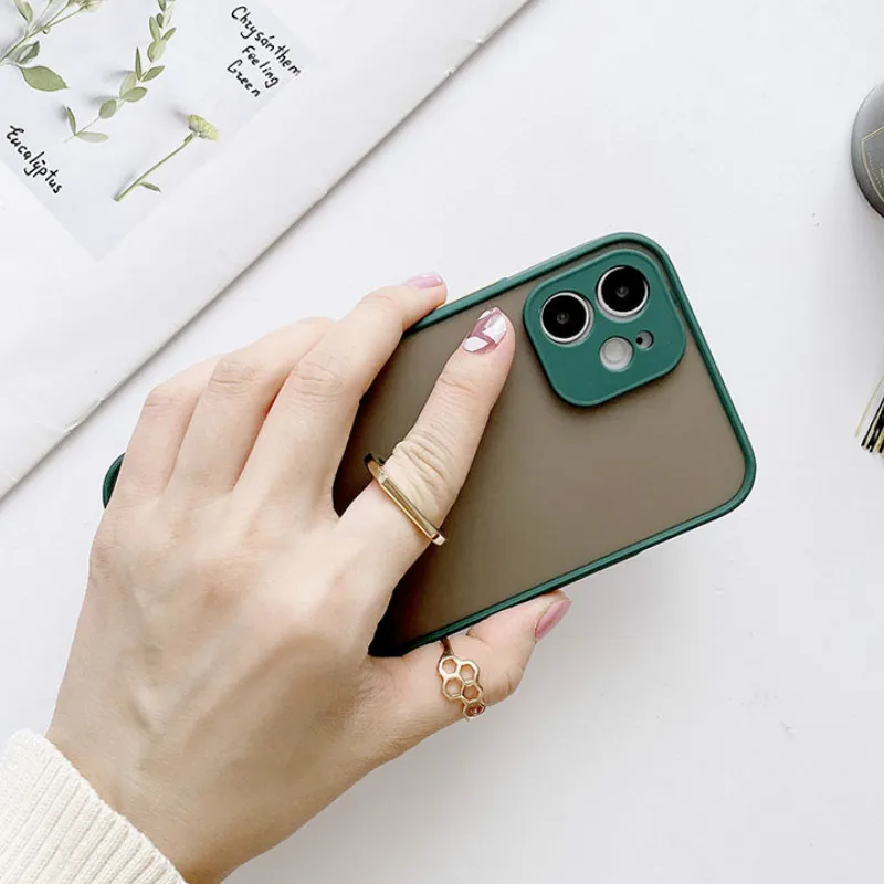 

Color Frame Lens Protection Matte Hard Cover With Finger Ring Bracket Phone Case For iPhone 12 MiNi 11 Pro XS Max XR X 8 7 Plus