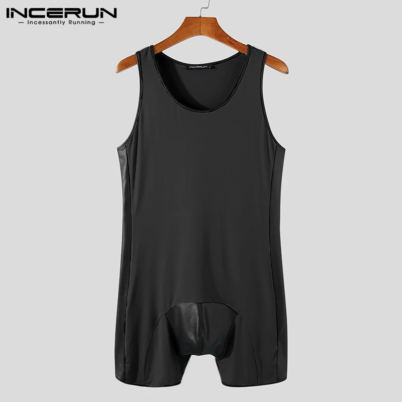 

INCERUN Men Pajamas Rompers Patchwork Round Neck Sleeveless Playsuits Homewear Sexy Cozy Fitness Men Bodysuit Nightwear S-5XL