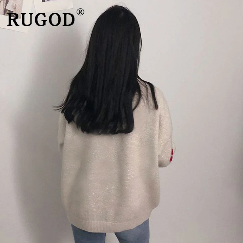 

RUGOD Elegant pearl beading knitted cardigan women Fashion single-breasted cherry printed loose cardigan Korean oversized coat