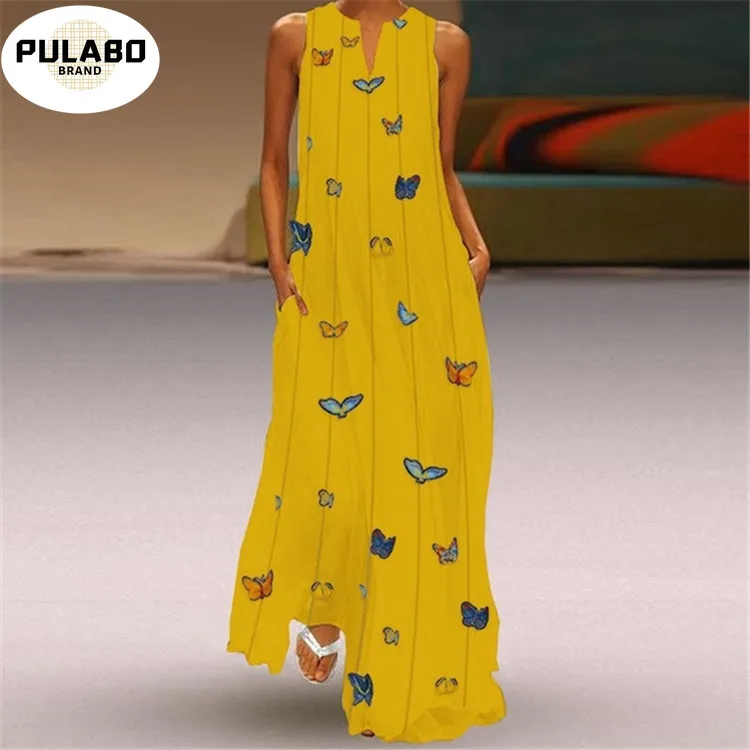 

Женское пляжное платье в стиле бохо, трапециевидный сарафан с цветочным принтом, модные расширяющиеся платья без рукавов с бабочками