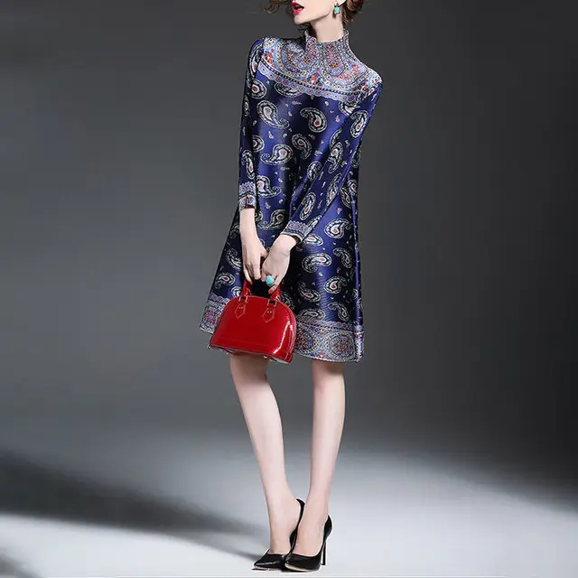 Women Dress Retro Pleated Dress 2023 Autumn New High Neck Print Middle-aged Mother Loose  MM Women's Clothing 2