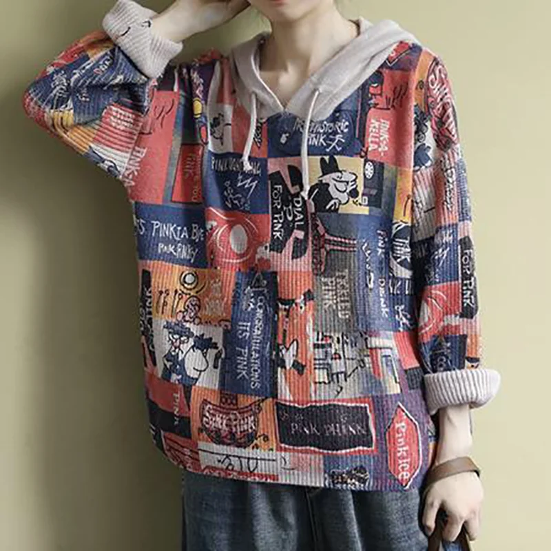 

Art retro casual fashion knitted hooded sweater 2019 autumn women's new loose printed sweater coat