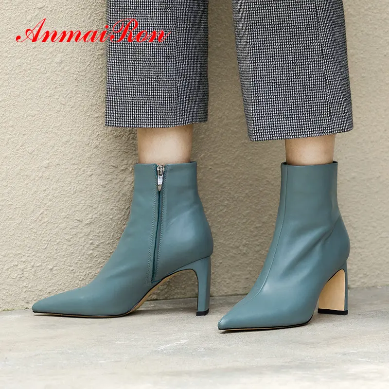 

Женские ботинки на молнии ANMAIRON, ботильоны из натуральной кожи с острым носком, на квадратном каблуке, Короткие Плюшевые ботинки с ремешком, 2020