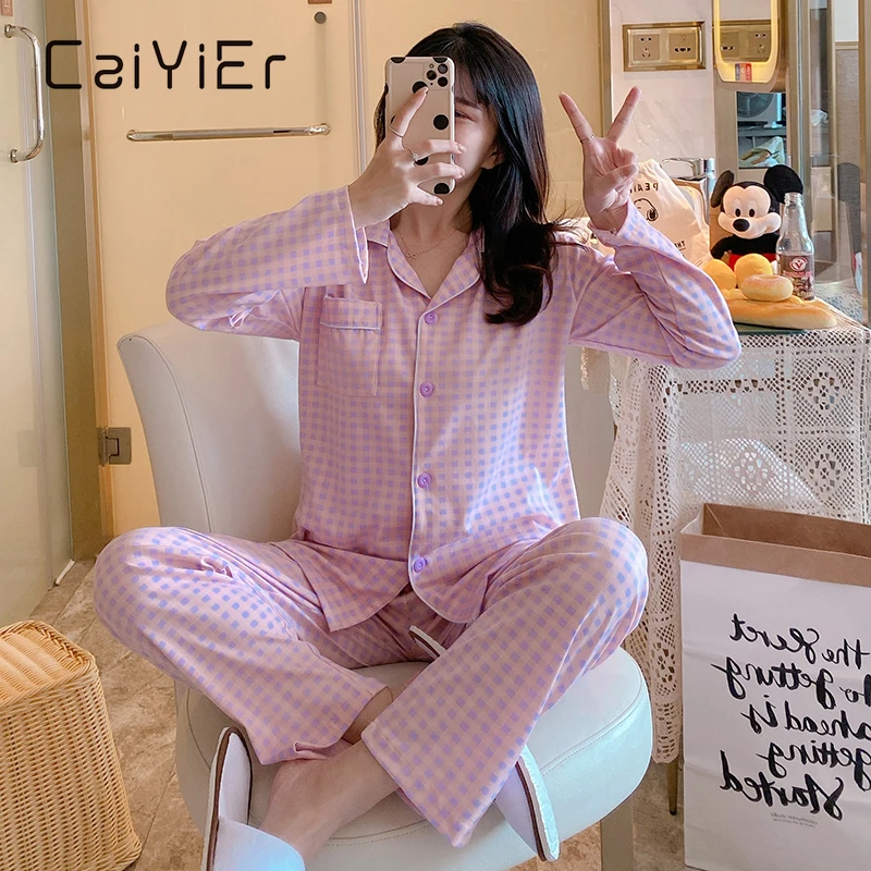 CAIYIER Winter Women Fashion Sleepwear Purple Grid Lapel Cardigan Girl Long Sleeve Leisure Pajamas Loose Nightwear Homewear Suit