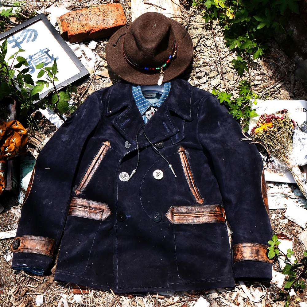 

CD740 Read Description! Asian Size Excellent Cow Leather Winter Jacket Men's Classic Cowhide Suede Leather Pea Coat