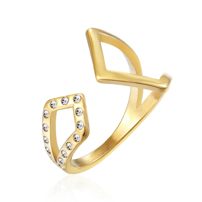 

2021 Fashion Simple Titanium Steel Gold Color Geometry Shape Line Zircon Personality Women Tail Ring Cocktail Party Ring Jewelry