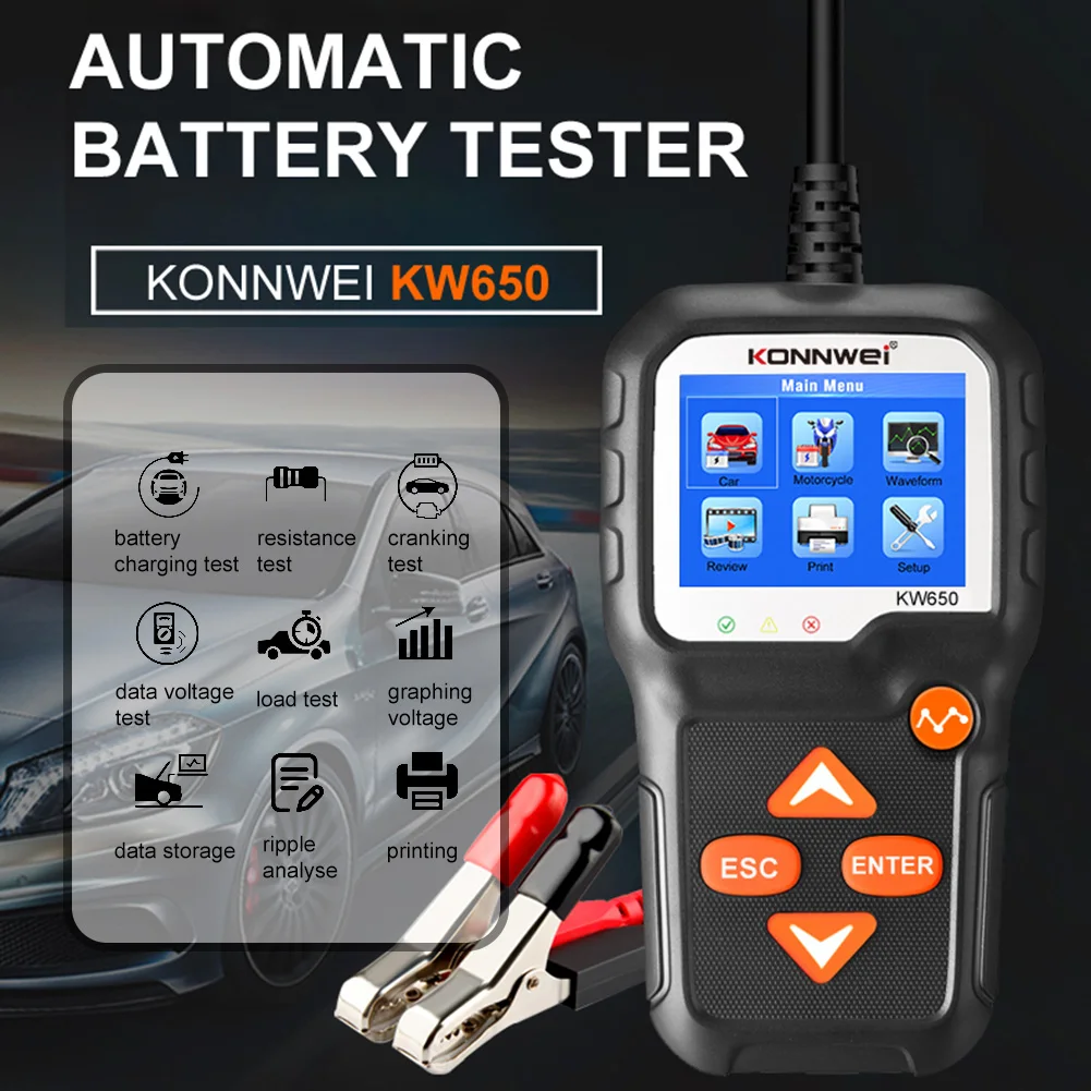 

KONNWEI KW650 Car Battery Tester 6-16V Input 100-2000 CCA Automotive Load Diagnosis Tool for Car/Boat/Motorcycle