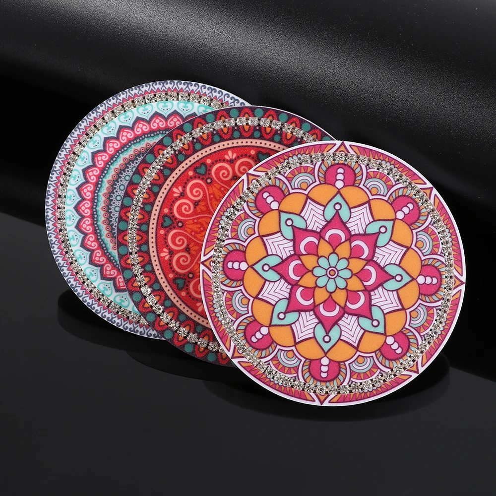 1Pc Mandala Rhinestone Coaster Car Rubber Mat Non-slip Diamond Water Cup Pad Bottle Holder Auto Interior Anti-skid Holders - купить по