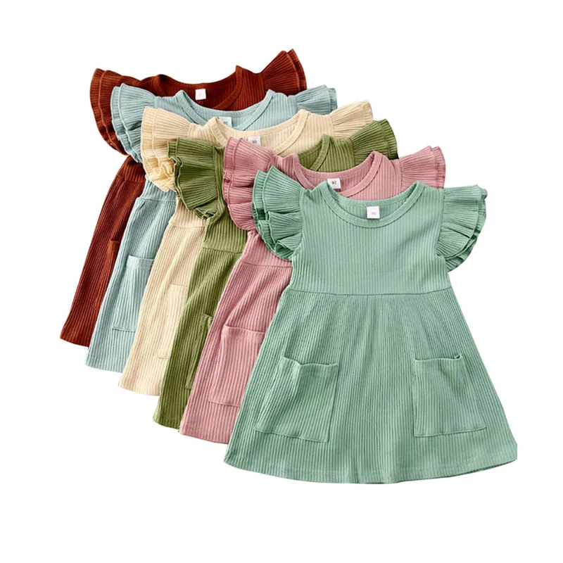 

2020 Baby Summer Clothing Kid Baby Girls Cute Dress Knitted Ribbed Gown Ruffles Sleeve Pocket A-Line Dress Solid Outfits 1-4Y