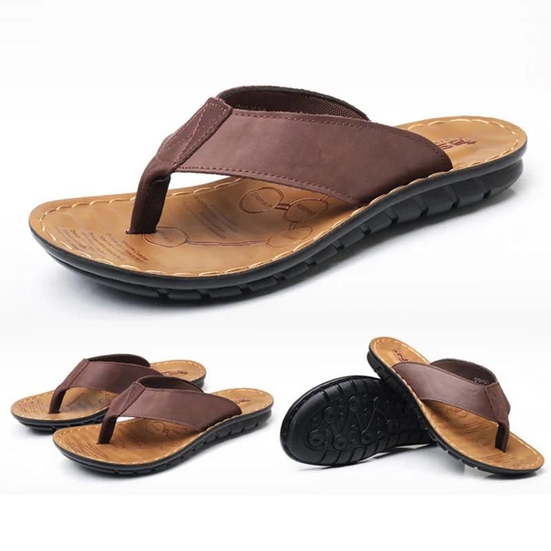 

2020 Summer Beach Slippers Men Genuine Leather Shoes Flat Beach Slippers Flip Flips Mens Sandals Summer Male Shoes M001