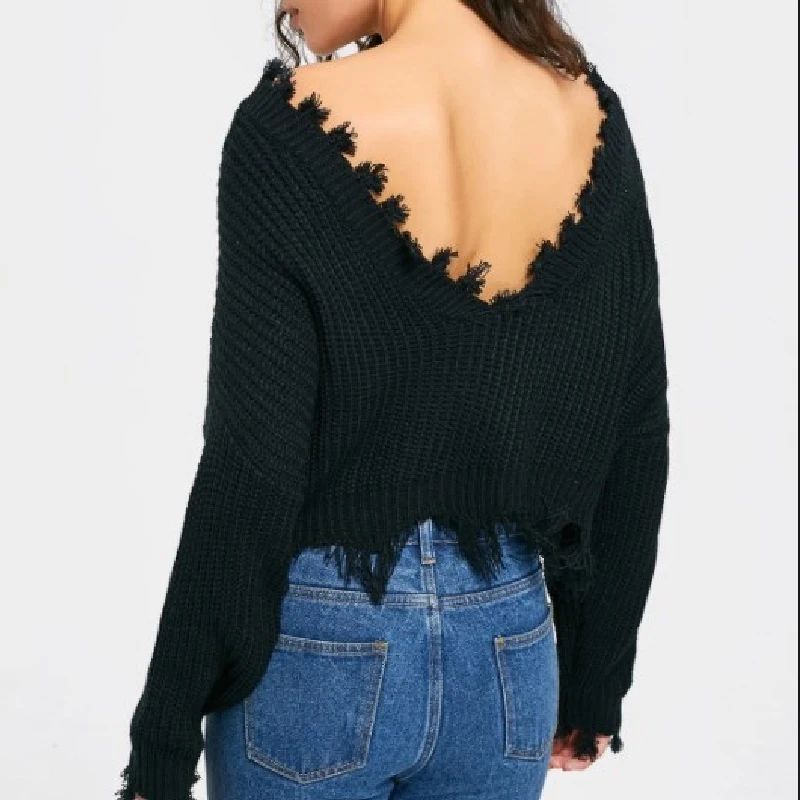 ZAFUL Original Frayed Solid Cropped Knit Oversized Pullover Casual N-Neck Short Pull Crop Ladies Tops Sweters Women Invierno |