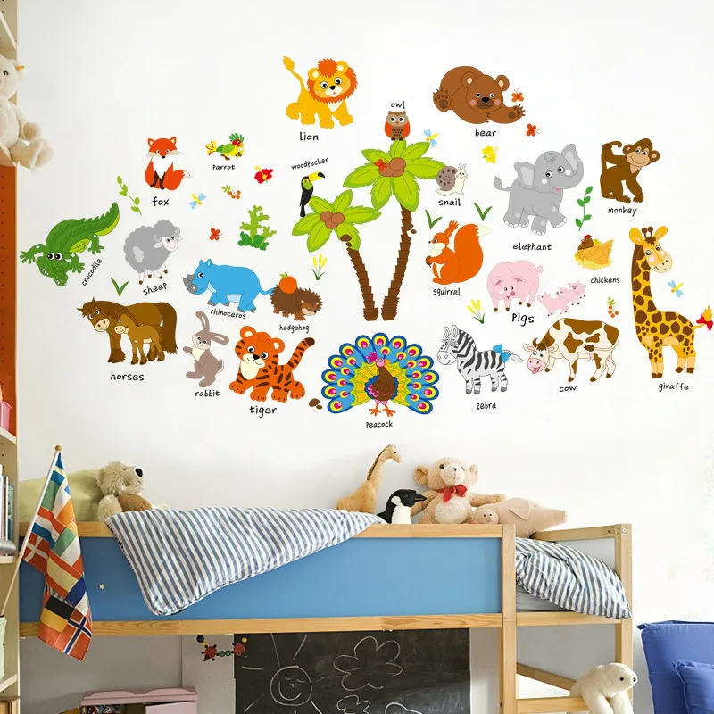 

Early childhood education stickers Animal English Wall Stickers PVC Removable Kindergarten Classroom Decoration Drop-Shipping