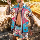 Мужской костюм для отдыха, свободный пляжный костюм из двух предметов с принтом в европейском и американском стиле, гавайский костюм с отложным воротником и короткими рукавами и шортами, лето 2021