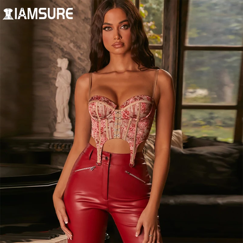 

IAMSURE Sexy Vintage Floral Corset Camis For Women 2021 Slim Low Cut Bustier Crop Tops Skinny Spaghetti Straps Tank Top Clubwear