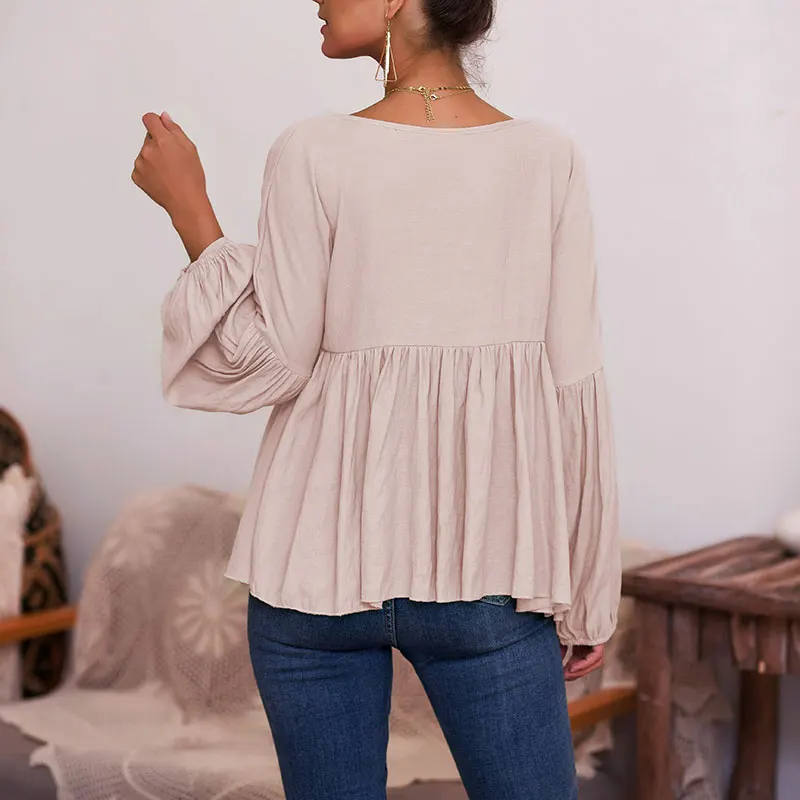 Дропшиппинг женские топы с пышными рукавами и V образным вырезом однотонная