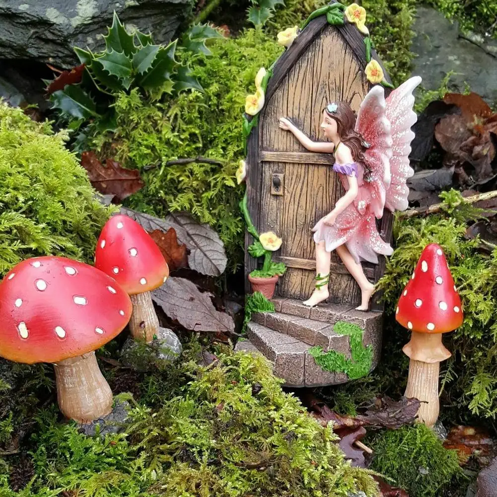 Miniature Door Statue Decorative Resin Fairy Door Hanging Ornament For Tree Garden Fairy Knocking On The Door Outdoor Decoration