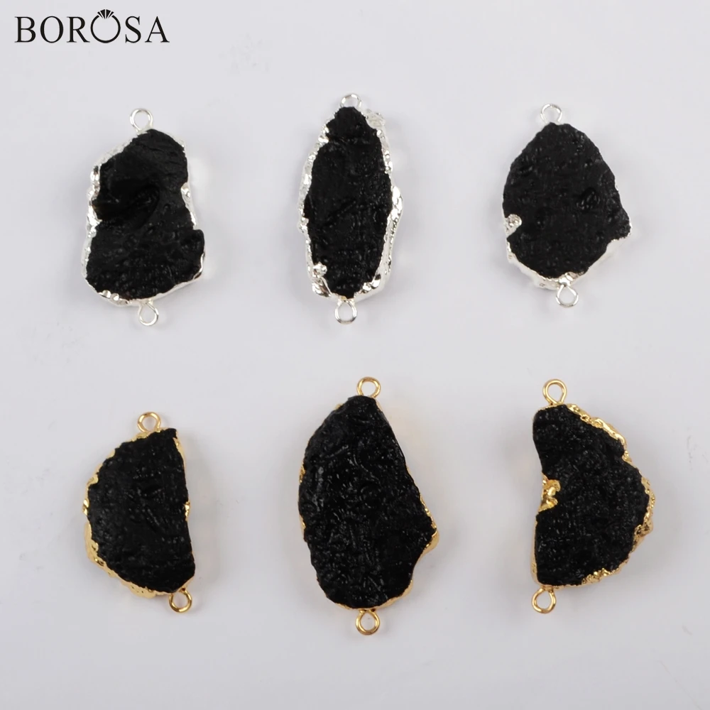

BOROSA 5PCS Gold/Silver Plated Rough Black Tourmaline Connector Freeform Gems Black Natural Stone for Necklace Jewelry G1819