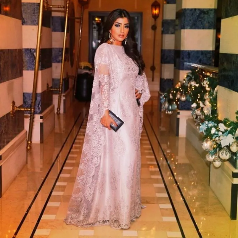 

2019 Kaftans Elegant Dubai cap Sleeve Muslim Evening Dresses Pink Lace Arabic Style Evening Gown prom Dresses China party dress