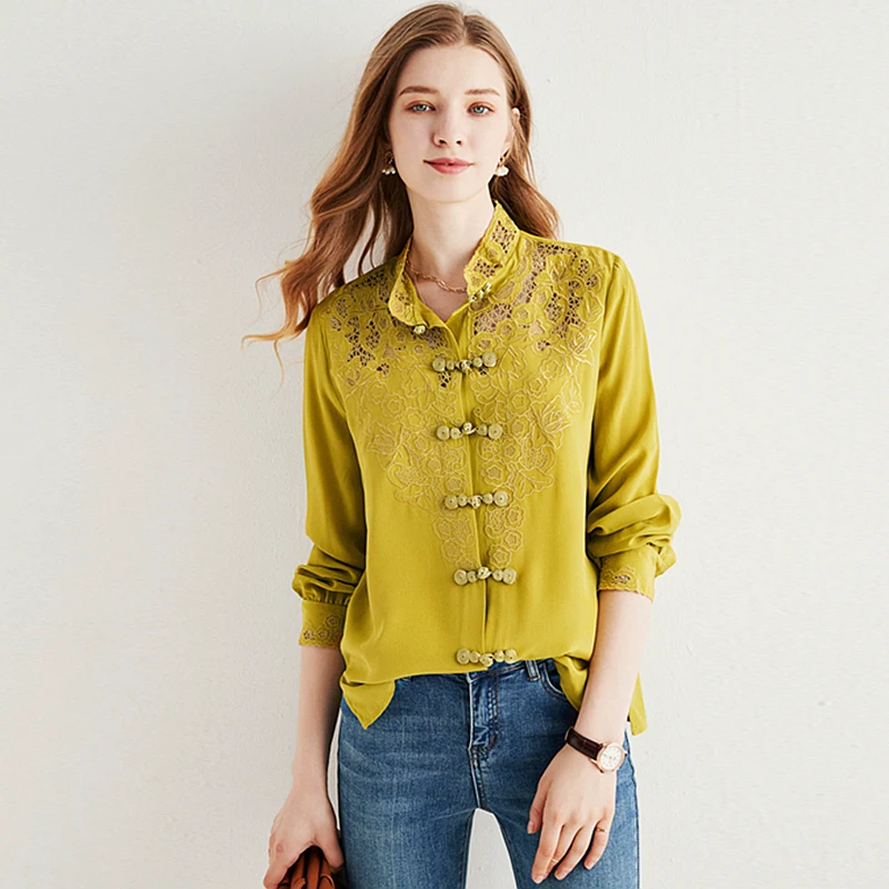 100% Silk Blouse Women Shirt Casual Style Embroidery Stand Neck Long Sleeve Buckle Solid Office Top New Fashion