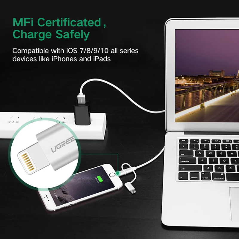 Ugreen 3 в 1 Lightning USB кабель для iphone 8 7 Micro USB кабель быстрой зарядки Тип USB C для OnePlus 5 Samsung Galaxy S8 LG V3