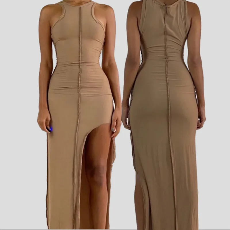 

Женское трикотажное платье-майка без рукавов, однотонное повседневное эластичное платье с круглым вырезом и разрезом, модель 2021 на лето