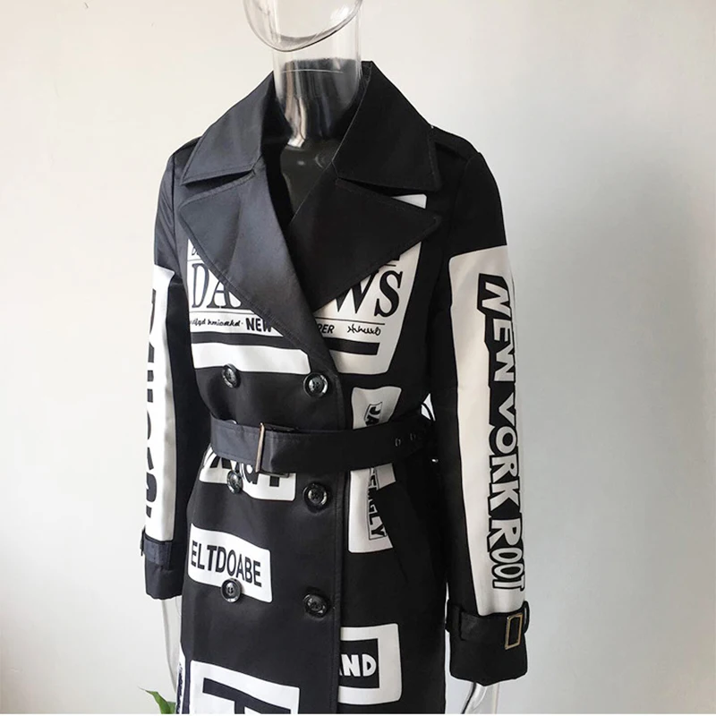 2021 Fall Fashion Black White Letters Print Long Sleeve Windproof Women Jacket Coat with Belt Casual Long Trench Outwear 90108