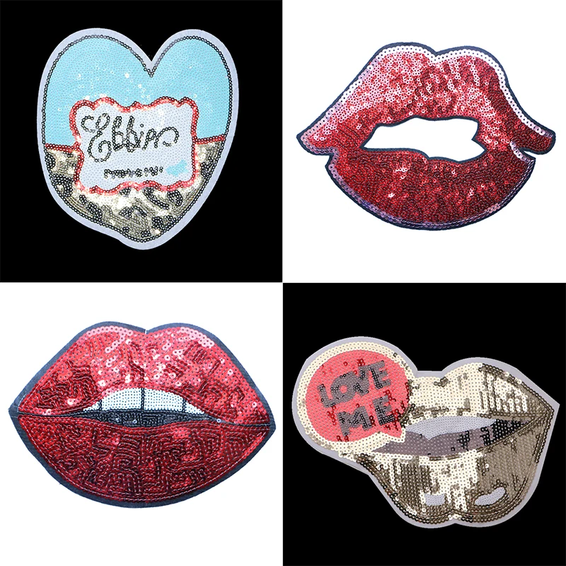 

Fashion Sequin Embroidery Ironing Clothes Patch Red Lips Love Sticker Backpack Decal Badge Parka Patch