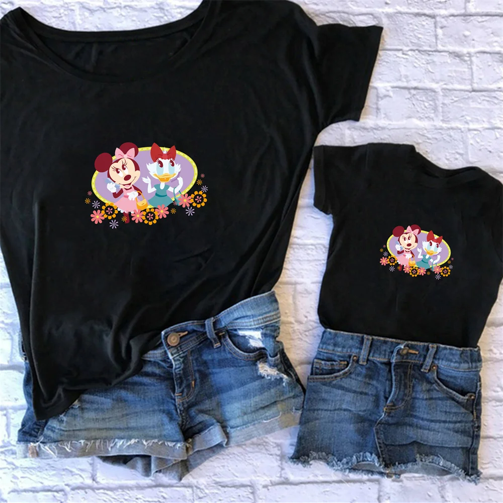 

New Disney T-Shirt Cute Minnie Cotton Kid Cartoon Parent-Child Casual Women Black Summer Clothes Children Kawaii Streetwear